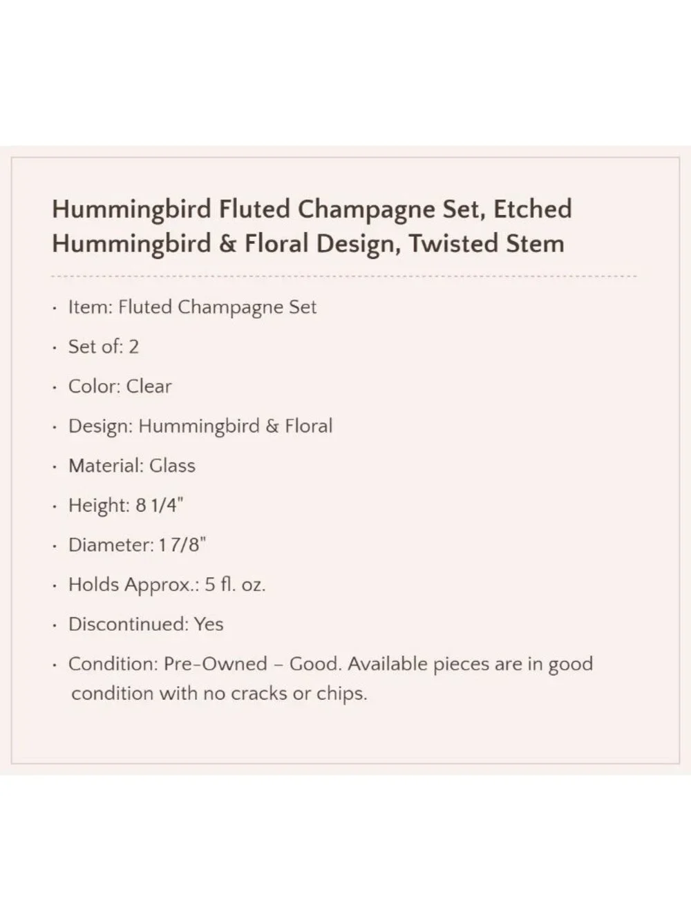 Vintage Hummingbird Fluted Champagne Set, Etched Hummingbird & Floral Design